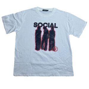 VAMTAC Mens Large White Social Graphic Tee Oversized 100% Cotton New Stitch Flaw